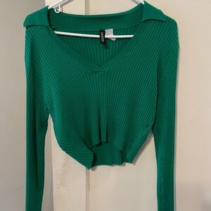H&M Ribbed V-Neck Green Sweater Top